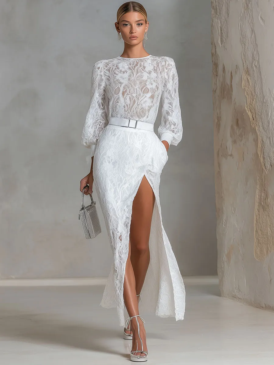Elegant Round-neck Lace Long-sleeved Top And Slit Lace Skirt Set sold by Oyrosy product image thumbnail 4