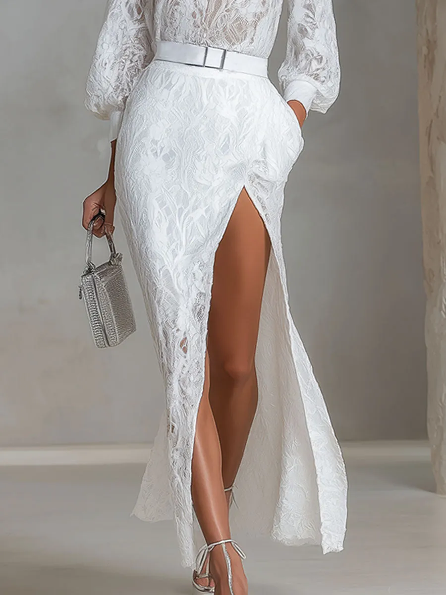 Elegant Round-neck Lace Long-sleeved Top And Slit Lace Skirt Set sold by Oyrosy product image thumbnail 3