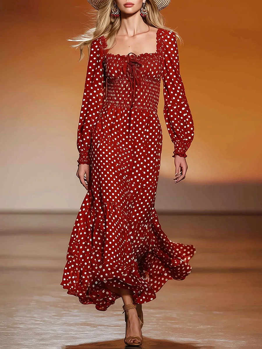 Stylish And Retro White Polka Dot Red Cotton Maxi Dress sold by Oyrosy