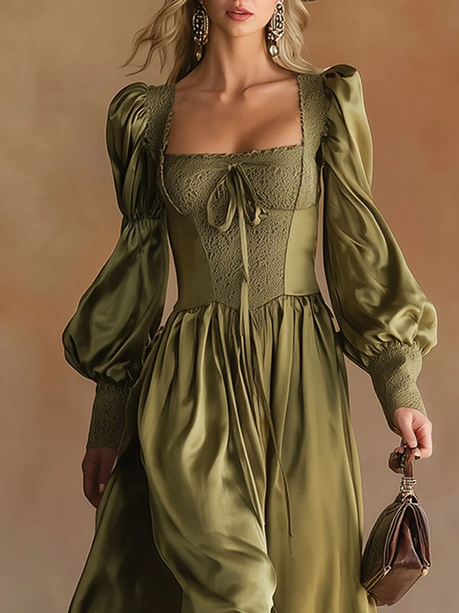 Vintage And Elegant Lace And Green Satin Maxi Dress sold by Oyrosy product image thumbnail 3