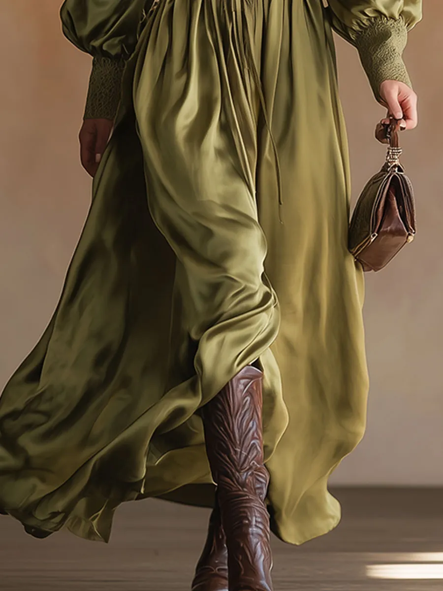 Vintage And Elegant Lace And Green Satin Maxi Dress sold by Oyrosy product image thumbnail 4