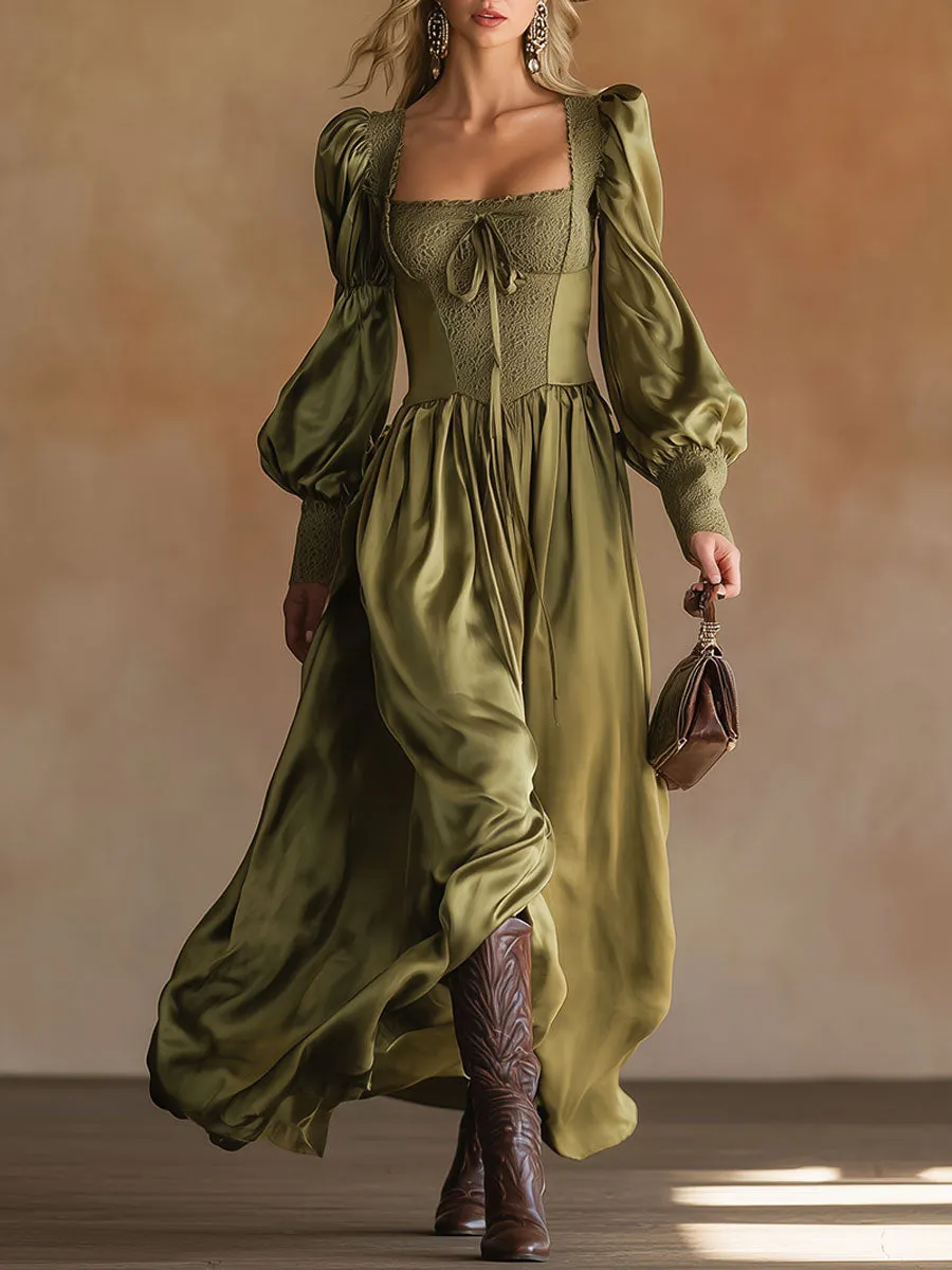 Vintage And Elegant Lace And Green Satin Maxi Dress sold by Oyrosy
