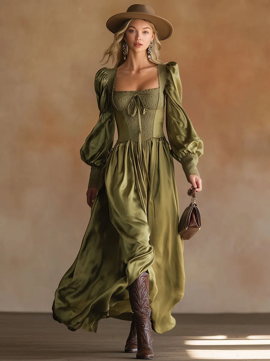 Vintage And Elegant Lace And Green Satin Maxi Dress sold by Oyrosy product image thumbnail 2