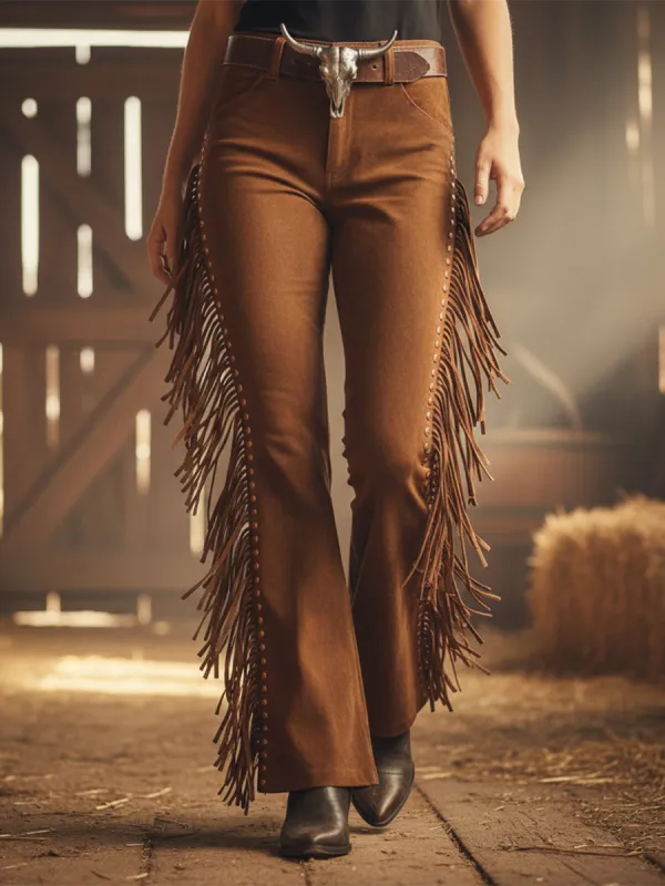 Western-style Brown Faux Suede Patchwork Tassel Studded Flared Trousers sold by Oyrosy