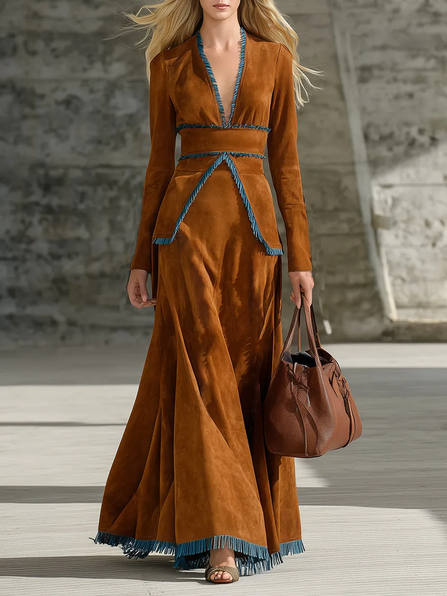 Western Brown Faux Suede Patchwork Tassel Maxi Dress sold by Oyrosy