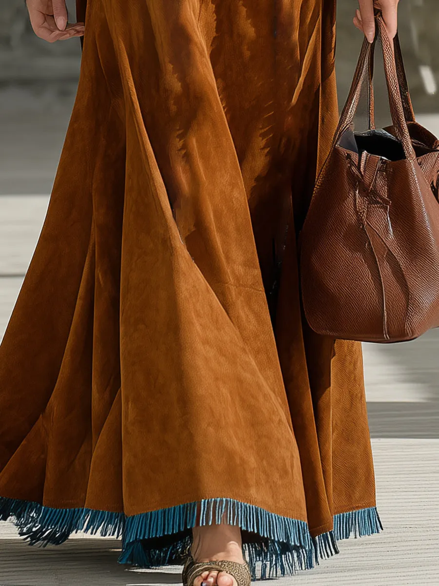 Western Brown Faux Suede Patchwork Tassel Maxi Dress sold by Oyrosy product image thumbnail 4