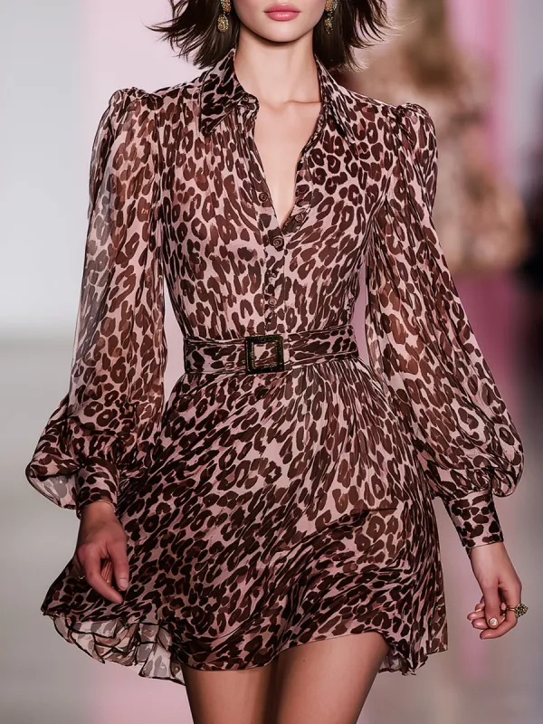 Casual Retro-style Brown Leopard Print Pink Chiffon Mini Dress sold by Oyrosy