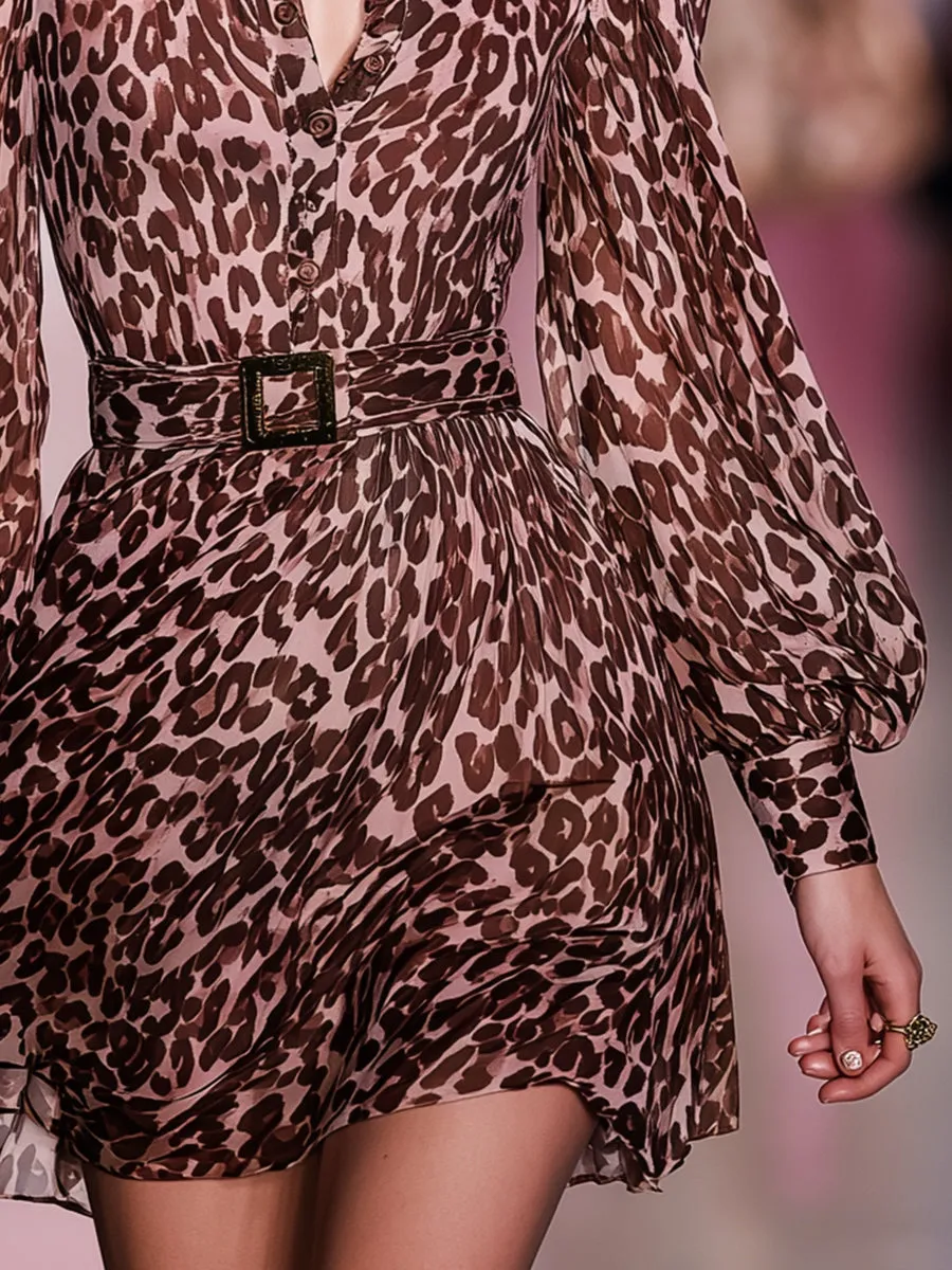 Casual Retro-style Brown Leopard Print Pink Chiffon Mini Dress sold by Oyrosy product image thumbnail 4