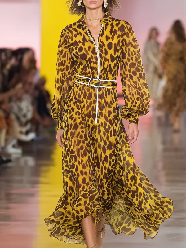 Retro Casual Stand-up Collar Yellow Leopard Print Chiffon Maxi Dress sold by Oyrosy