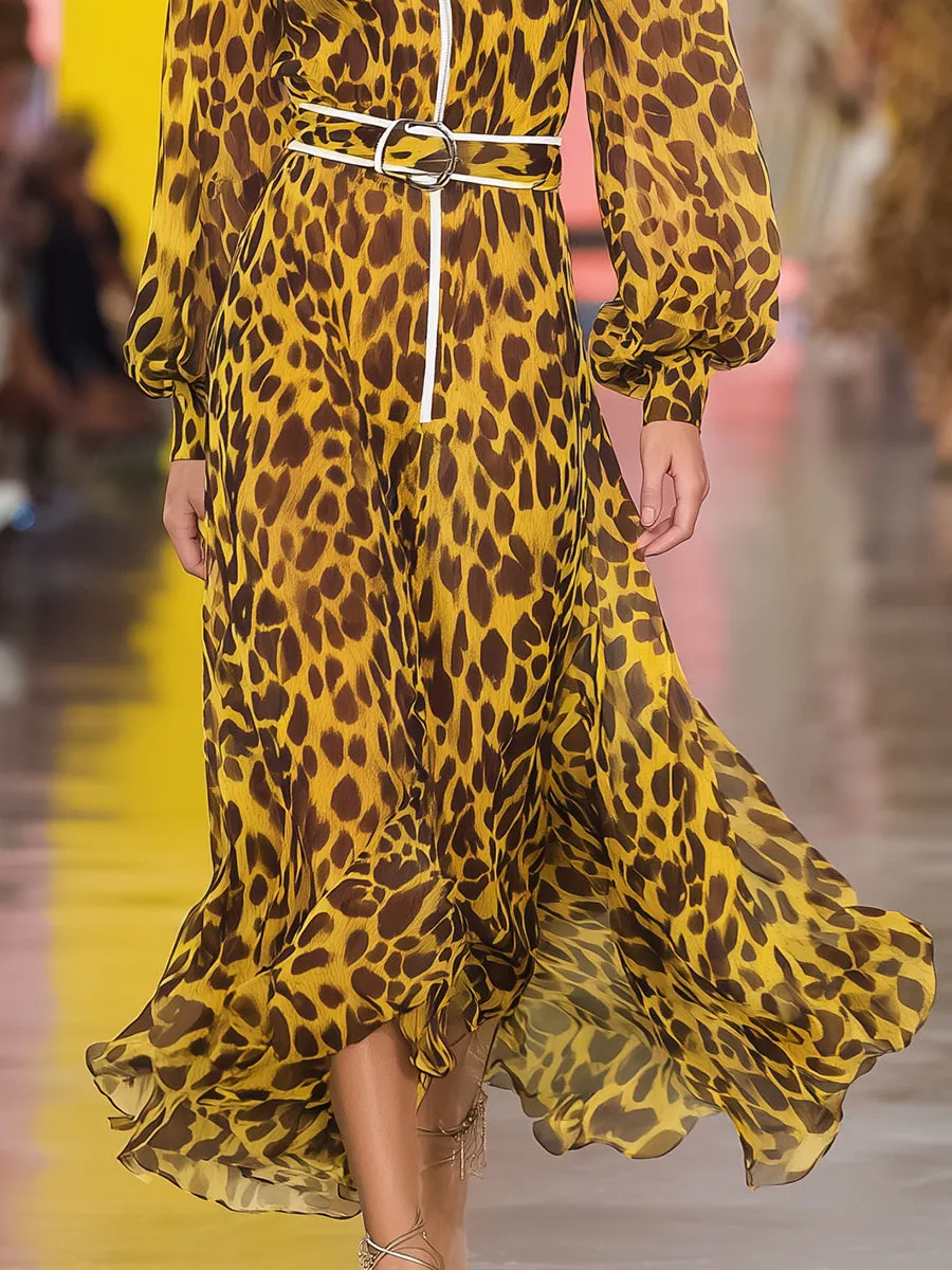 Retro Casual Stand-up Collar Yellow Leopard Print Chiffon Maxi Dress sold by Oyrosy product image thumbnail 4