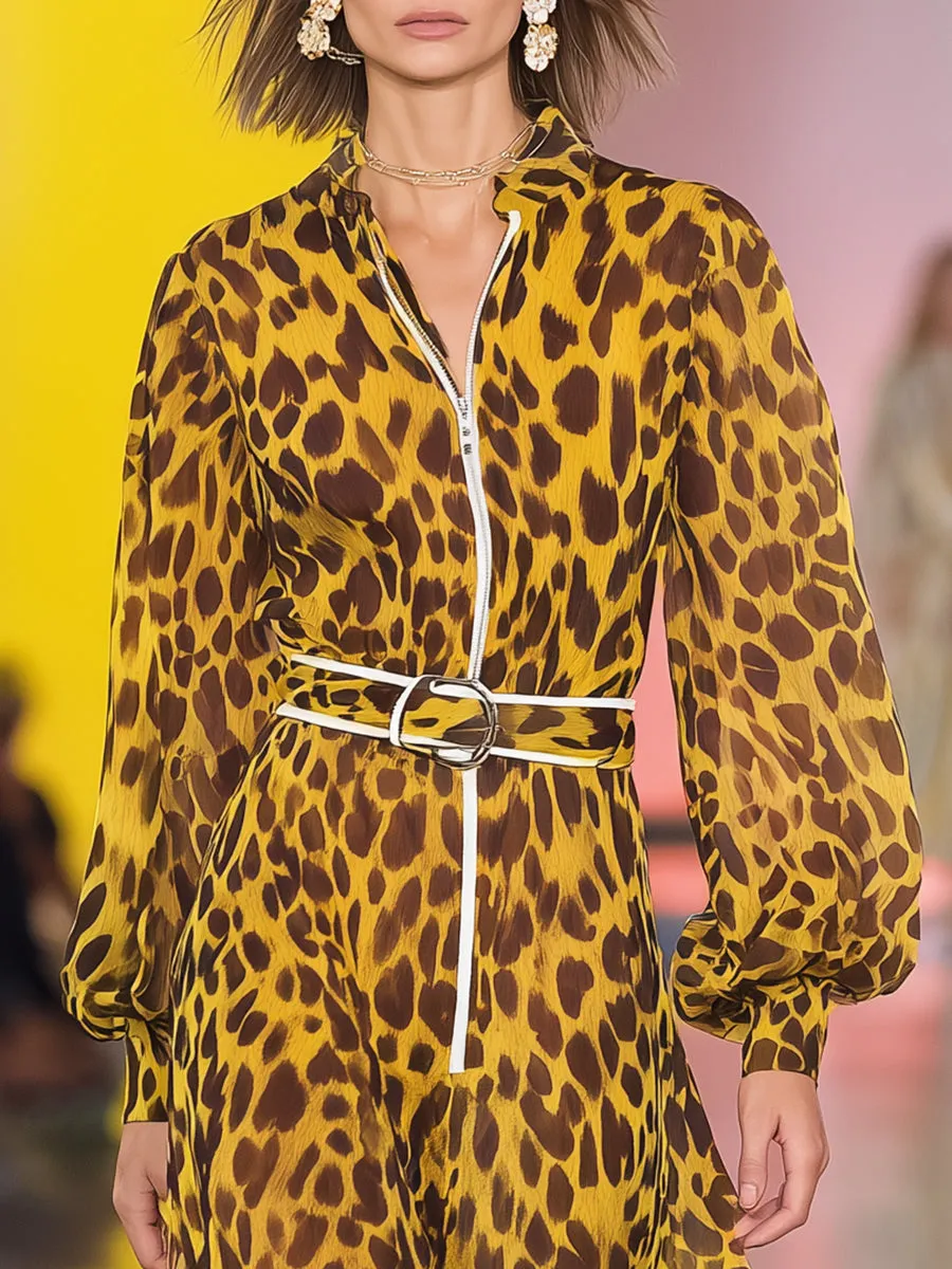 Retro Casual Stand-up Collar Yellow Leopard Print Chiffon Maxi Dress sold by Oyrosy product image thumbnail 3