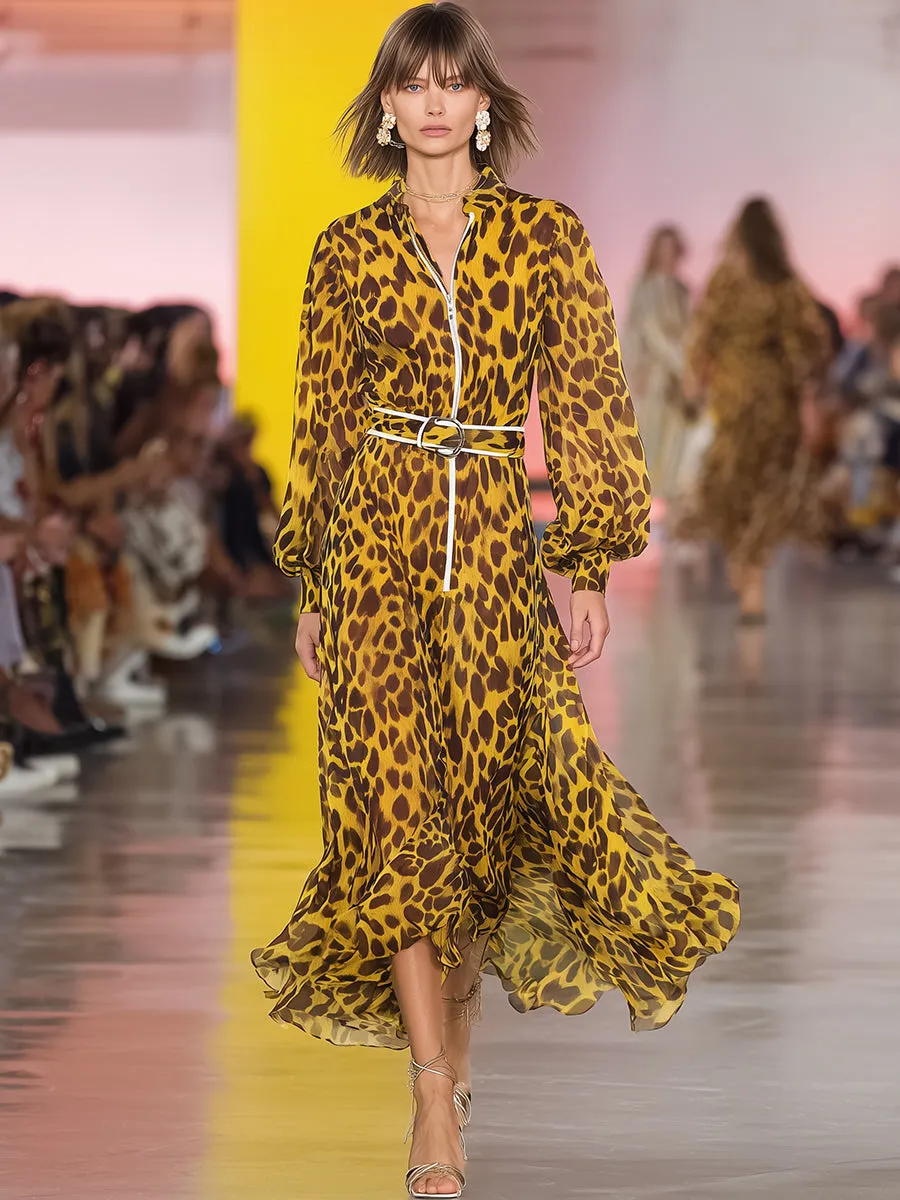 Retro Casual Stand-up Collar Yellow Leopard Print Chiffon Maxi Dress sold by Oyrosy product image thumbnail 2