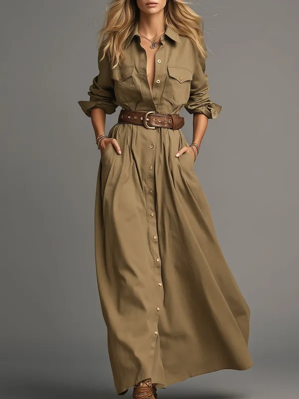 Casual Retro Button-front Khaki Maxi Dress sold by Oyrosy