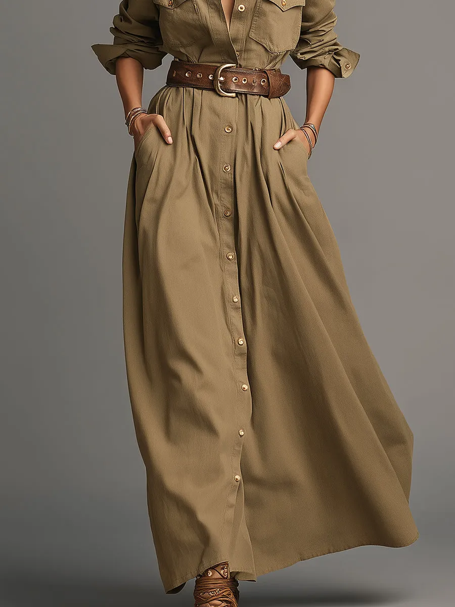 Casual Retro Button-front Khaki Maxi Dress sold by Oyrosy product image thumbnail 4