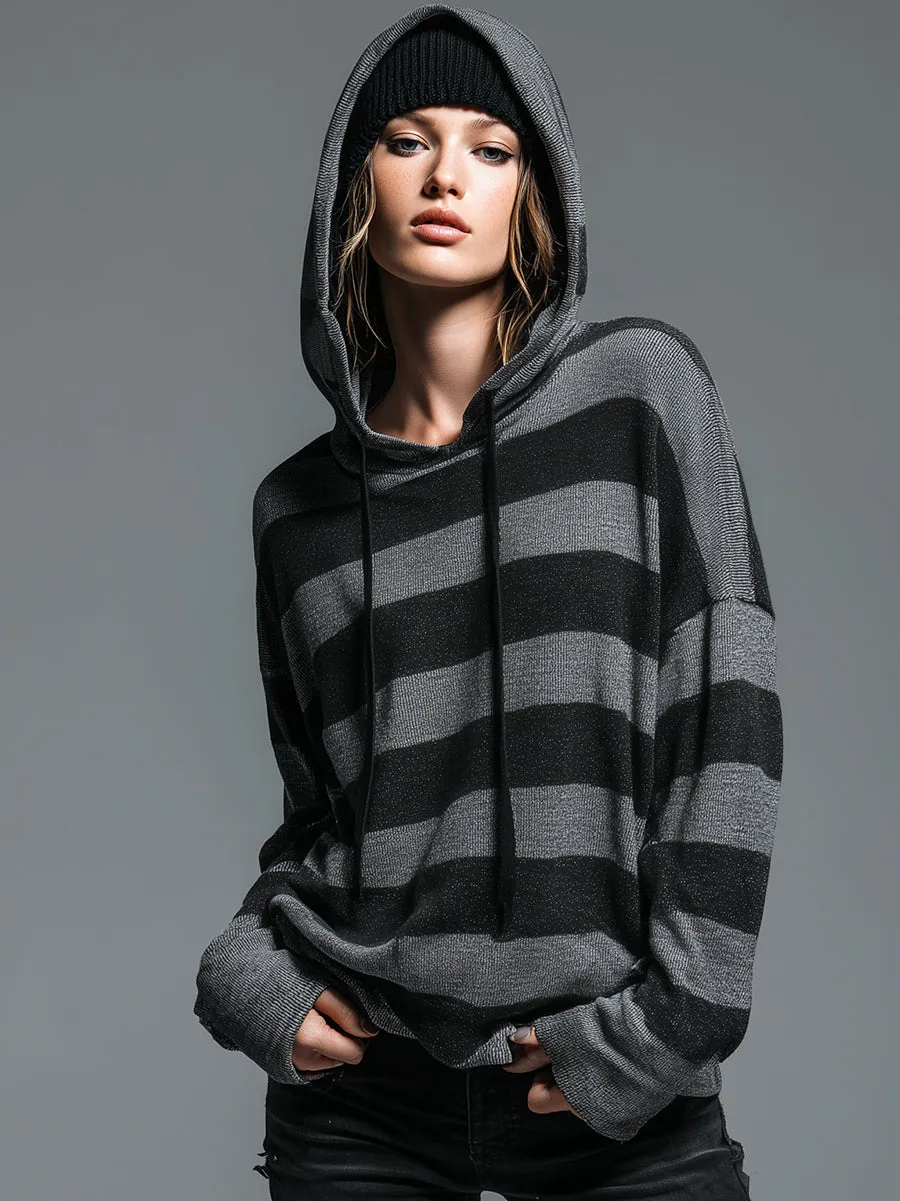 Casual Retro Black And Gray Hooded Knit Sweater sold by Oyrosy product image thumbnail 2