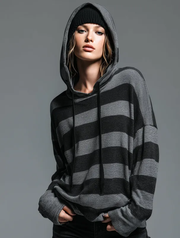 Casual Retro Black And Gray Hooded Knit Sweater sold by Oyrosy