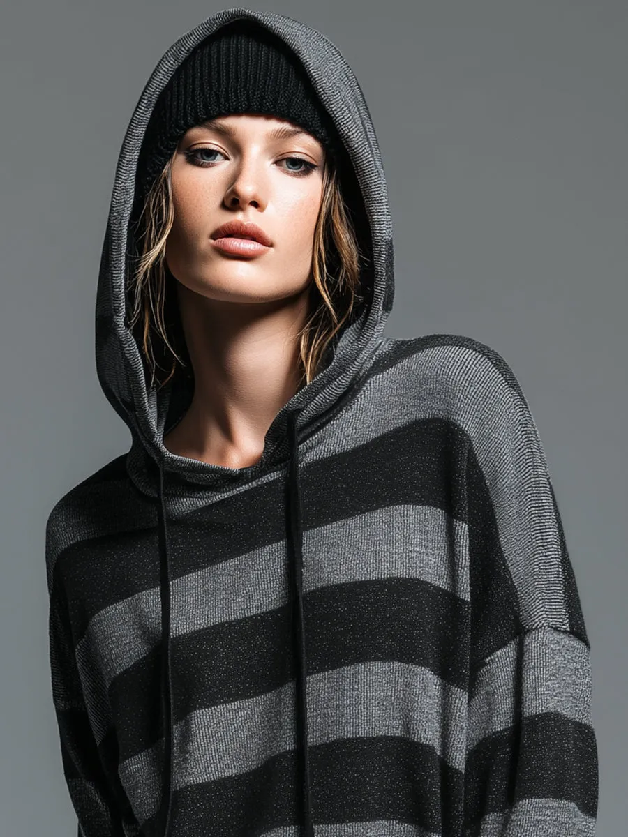 Casual Retro Black And Gray Hooded Knit Sweater sold by Oyrosy product image thumbnail 3