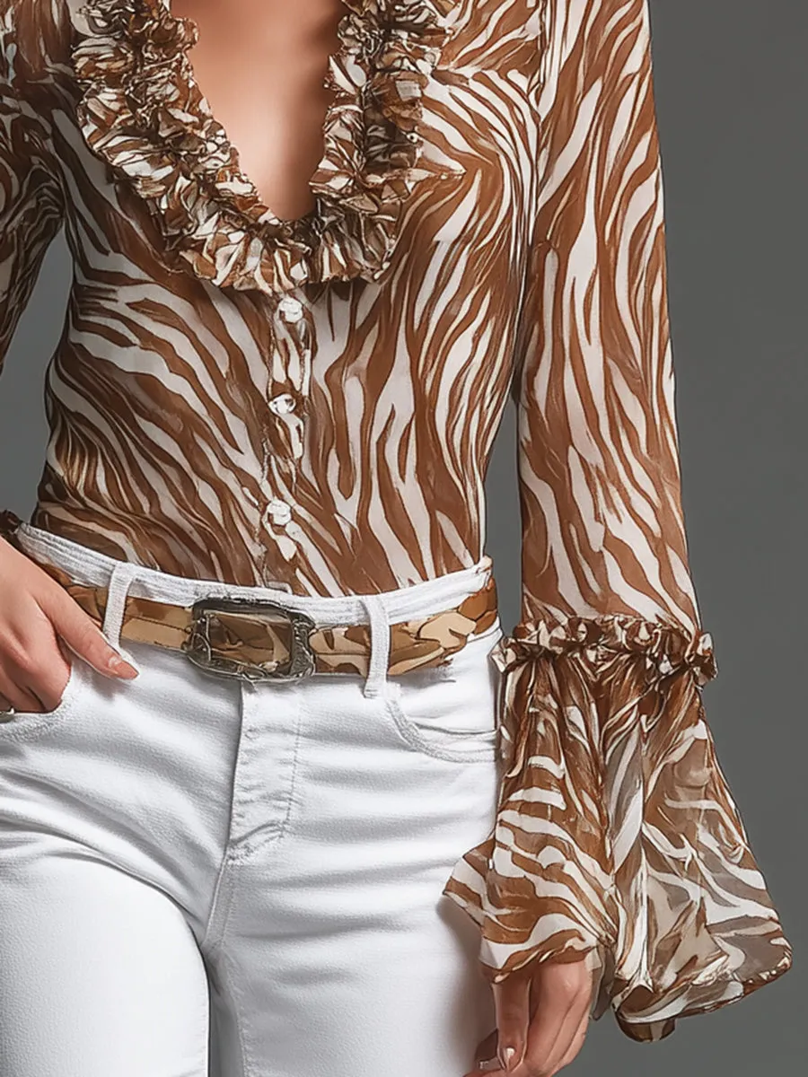 Retro-chic V-neck Ruffled Zebra Print Chiffon Shirt sold by Oyrosy product image thumbnail 4