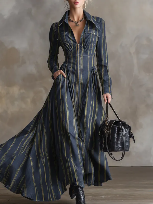 Elegant Urban Deep Blue Tencel Denim Striped Gold-stamped Maxi Dress sold by Oyrosy