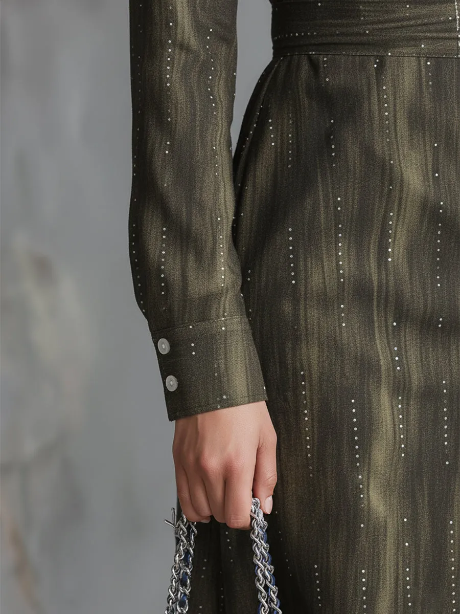 Vintage-inspired Rhinestone Olive Green Lapel Button-down Maxi Dress sold by Oyrosy product image thumbnail 4