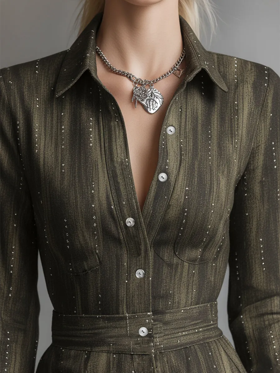 Vintage-inspired Rhinestone Olive Green Lapel Button-down Maxi Dress sold by Oyrosy product image thumbnail 3