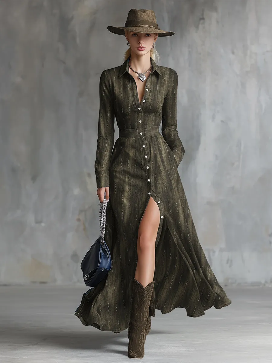 Vintage-inspired Rhinestone Olive Green Lapel Button-down Maxi Dress sold by Oyrosy product image thumbnail 2