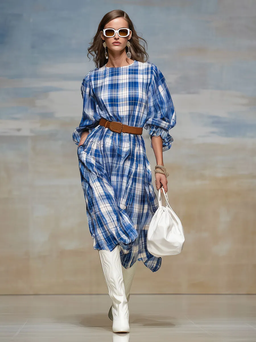 Casual Retro Blue And White Checkered Chiffon Long-sleeved Midi Dress sold by Oyrosy product image thumbnail 2
