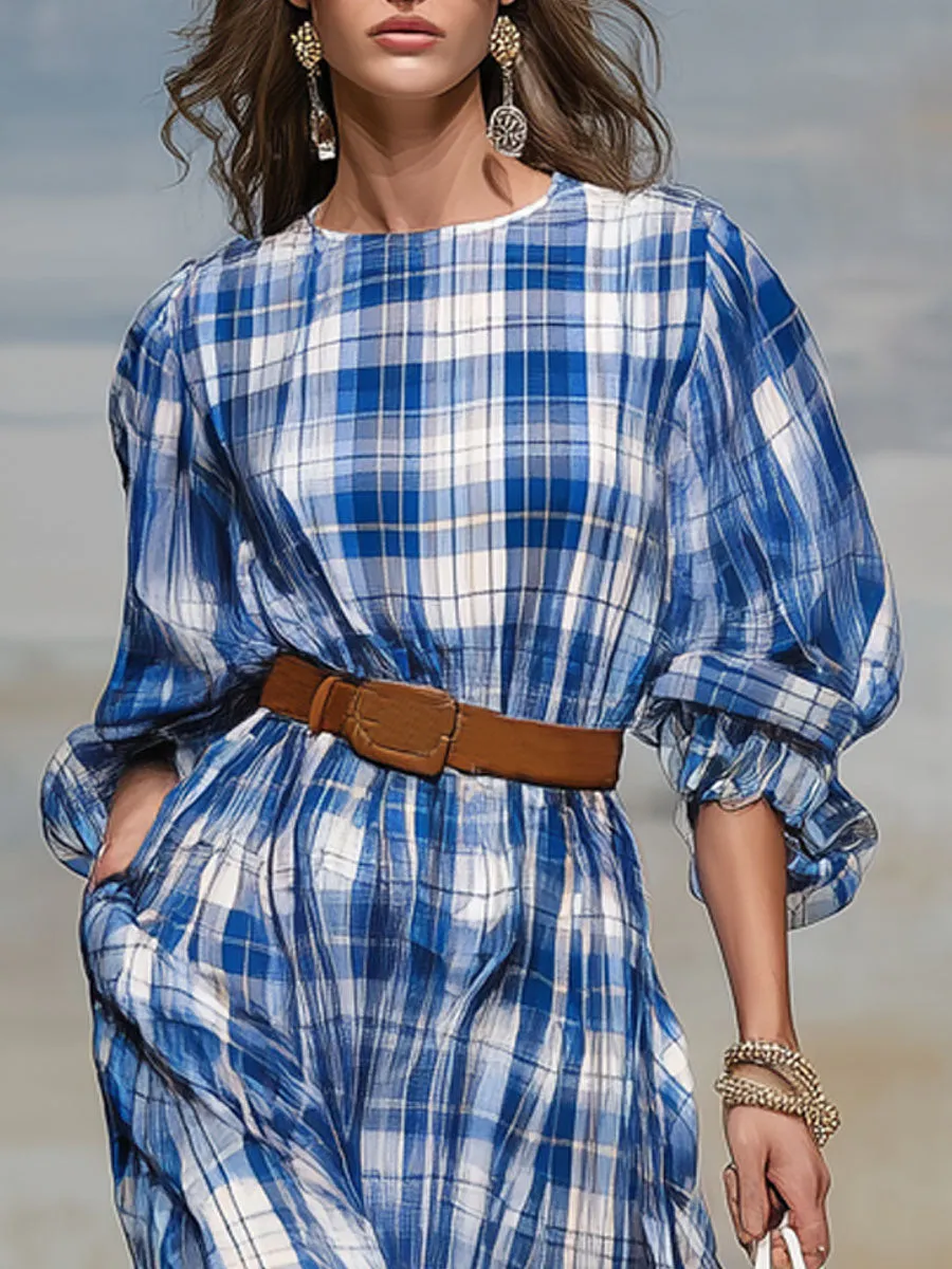 Casual Retro Blue And White Checkered Chiffon Long-sleeved Midi Dress sold by Oyrosy product image thumbnail 3