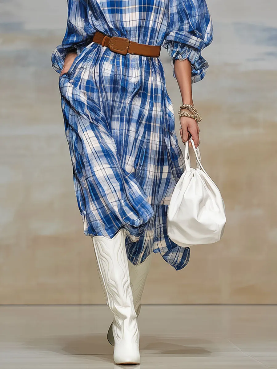 Casual Retro Blue And White Checkered Chiffon Long-sleeved Midi Dress sold by Oyrosy product image thumbnail 4