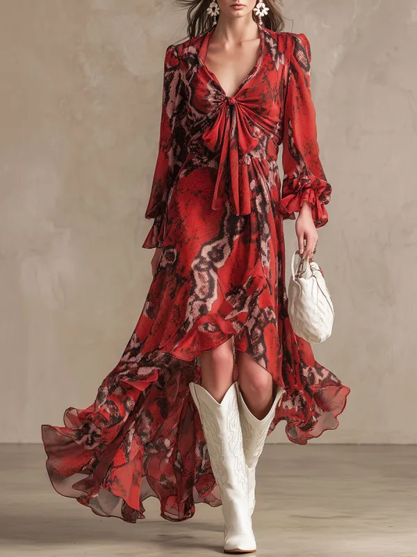 Fashionable Retro Resort Snakeskin Red Chiffon Long-sleeved Maxi Dress sold by Oyrosy