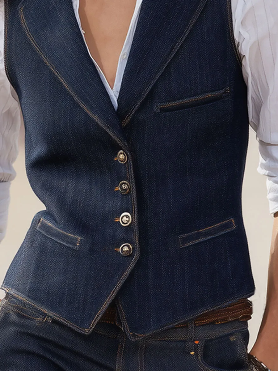 Retro-style Collared Multi-pocket Single-breasted Denim Vest sold by Oyrosy product image thumbnail 3