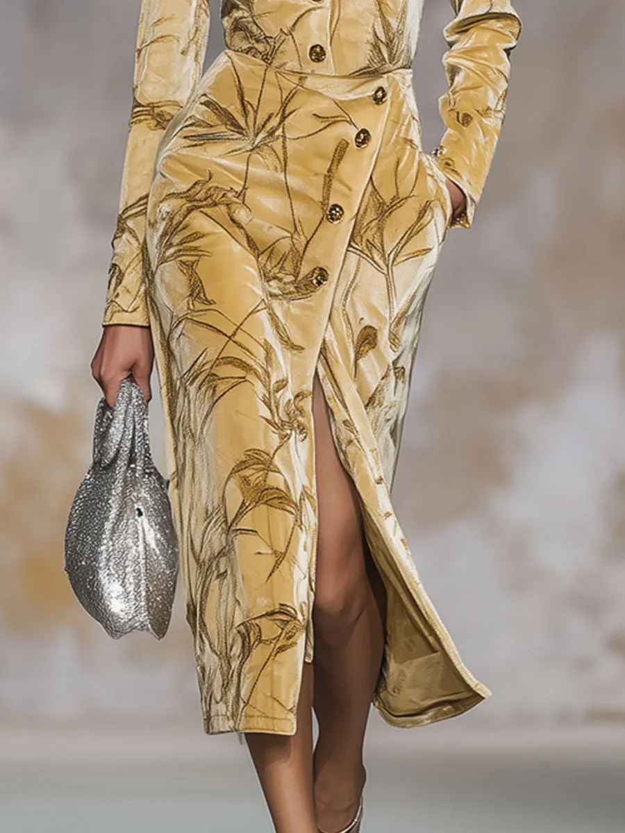 Retro Leaf Print Round Neck Velvet Button Midi Dress sold by Oyrosy product image thumbnail 3