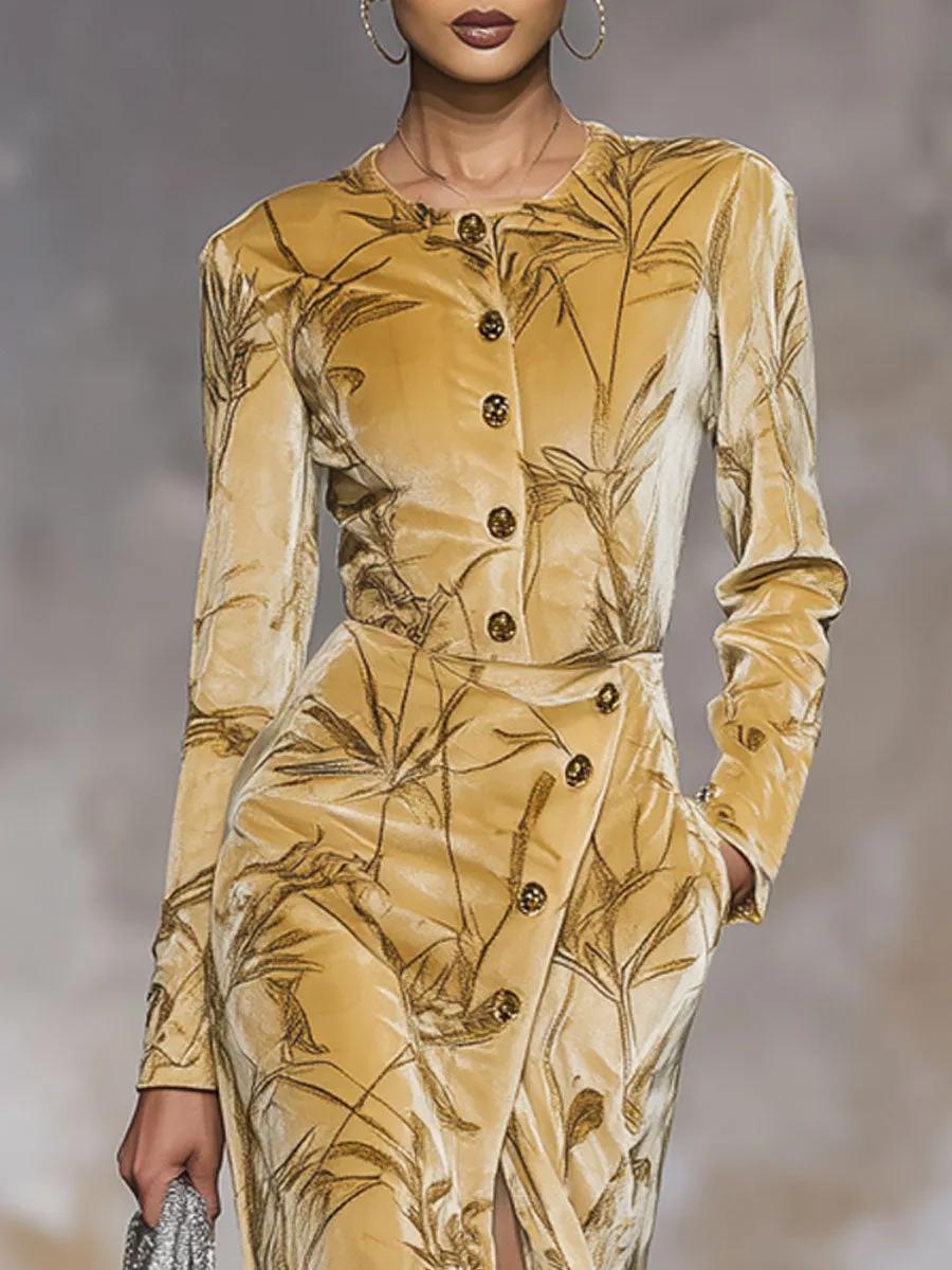 Retro Leaf Print Round Neck Velvet Button Midi Dress sold by Oyrosy product image thumbnail 2