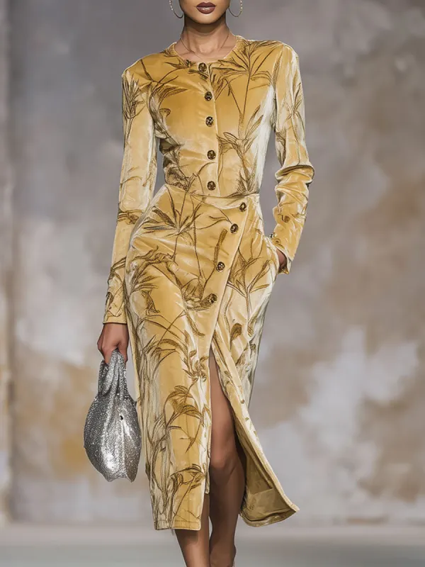 Retro Leaf Print Round Neck Velvet Button Midi Dress made by Oyrosy