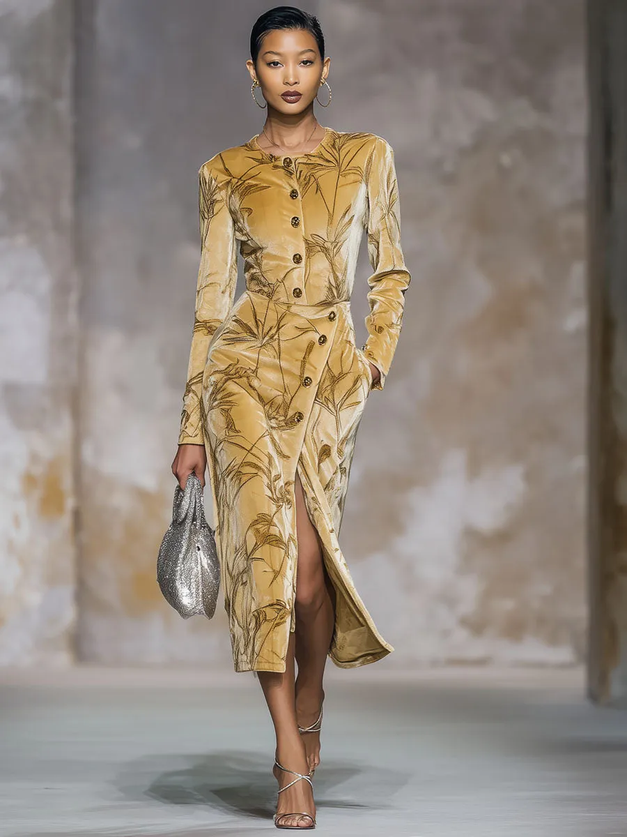 Retro Leaf Print Round Neck Velvet Button Midi Dress sold by Oyrosy product image thumbnail 4