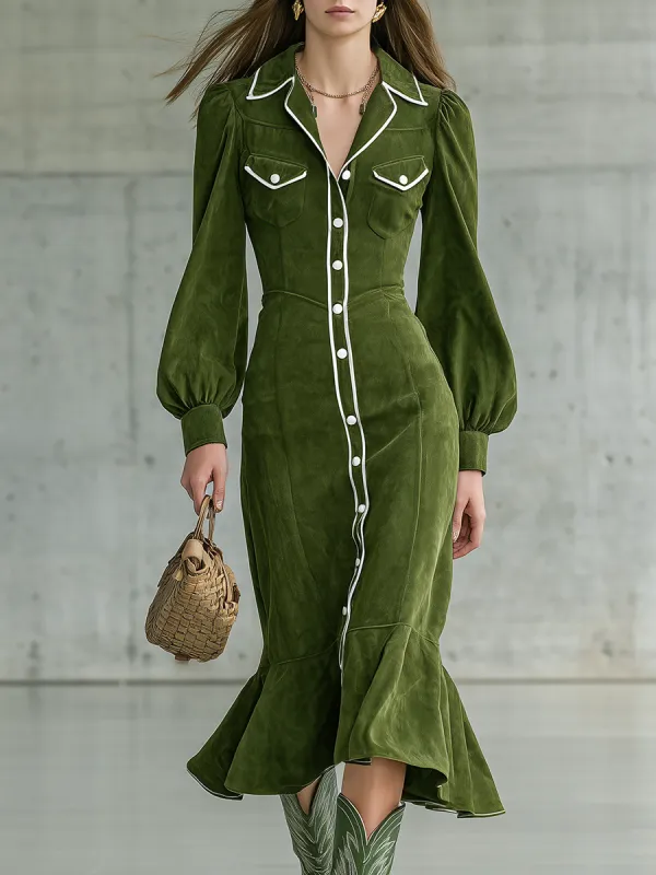 Retro Western-style Contrasting Color Trim Faux Suede Midi Dress sold by Oyrosy