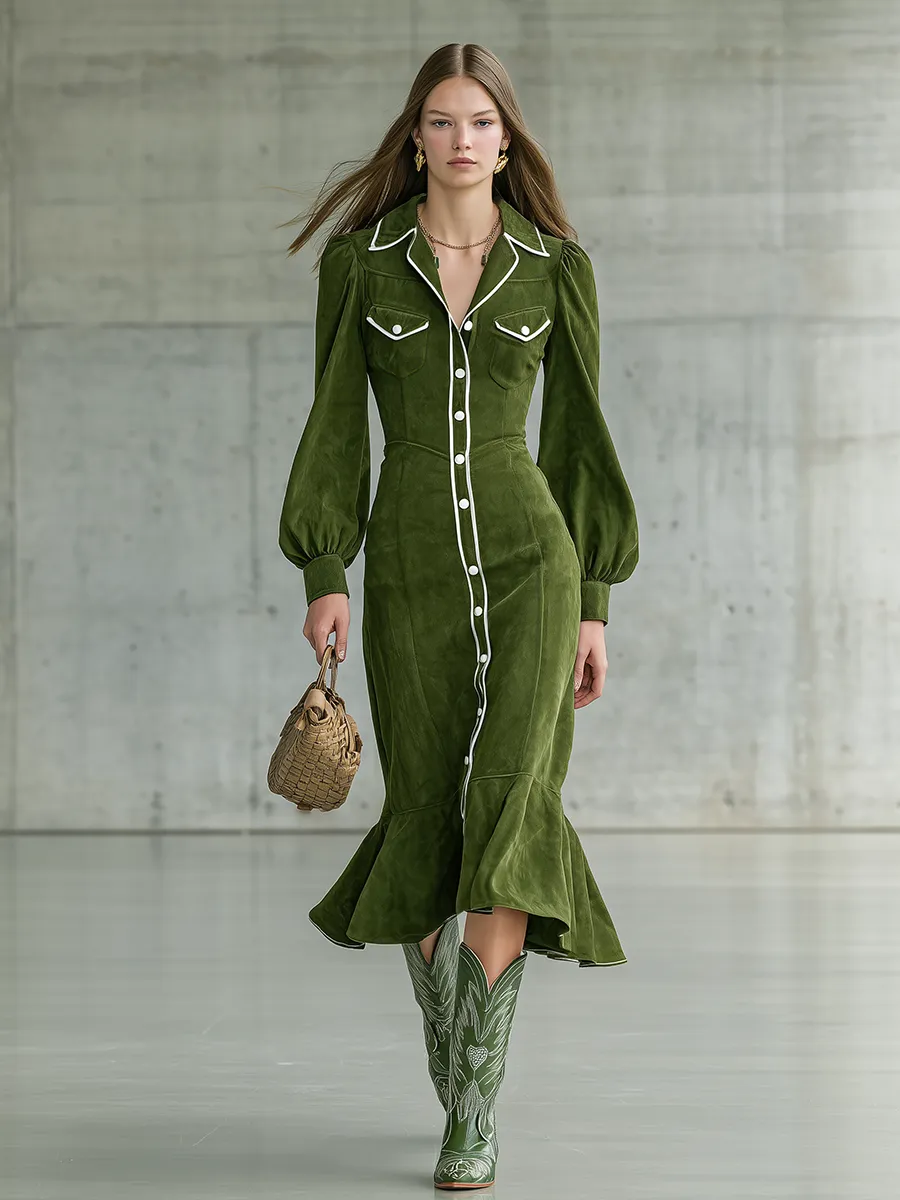 Retro Western-style Contrasting Color Trim Faux Suede Midi Dress sold by Oyrosy product image thumbnail 2