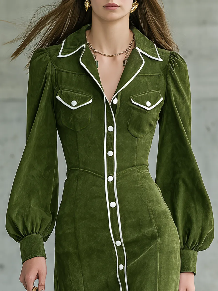 Retro Western-style Contrasting Color Trim Faux Suede Midi Dress sold by Oyrosy product image thumbnail 3