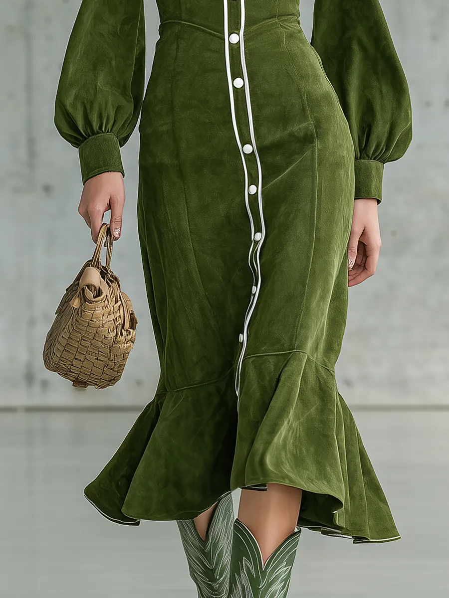 Retro Western-style Contrasting Color Trim Faux Suede Midi Dress sold by Oyrosy product image thumbnail 4