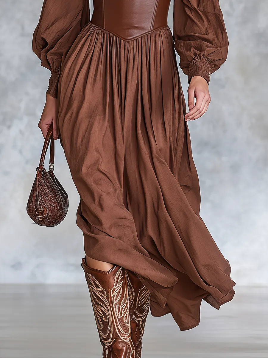 Retro V-neck Faux Leather Patchwork Cotton And Linen Midi Dress sold by Oyrosy product image thumbnail 4
