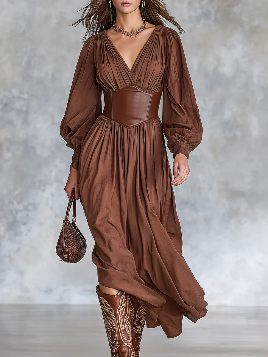 Retro V-neck Faux Leather Patchwork Cotton And Linen Midi Dress sold by Oyrosy