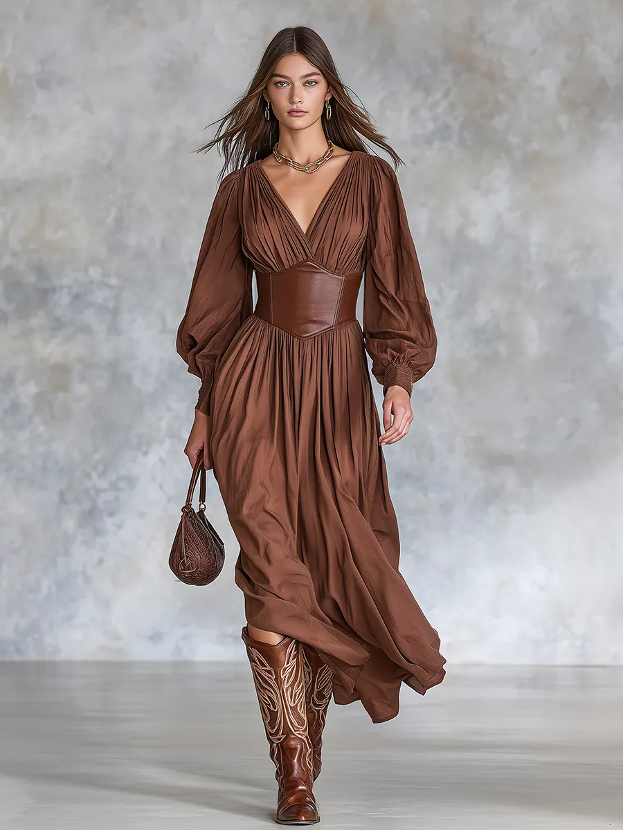 Retro V-neck Faux Leather Patchwork Cotton And Linen Midi Dress sold by Oyrosy product image thumbnail 2