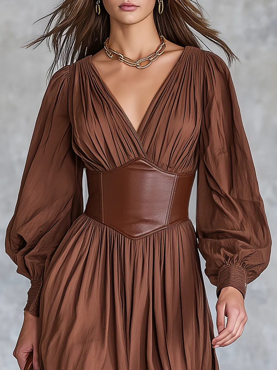 Retro V-neck Faux Leather Patchwork Cotton And Linen Midi Dress sold by Oyrosy product image thumbnail 3