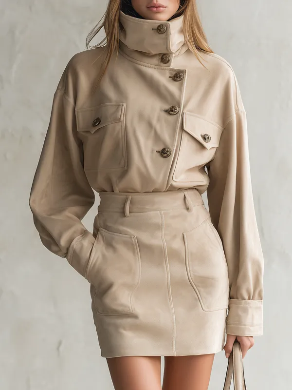 Retro-chic Stand-up Collar Faux Suede Shirt And Mini Skirt Set made by Oyrosy