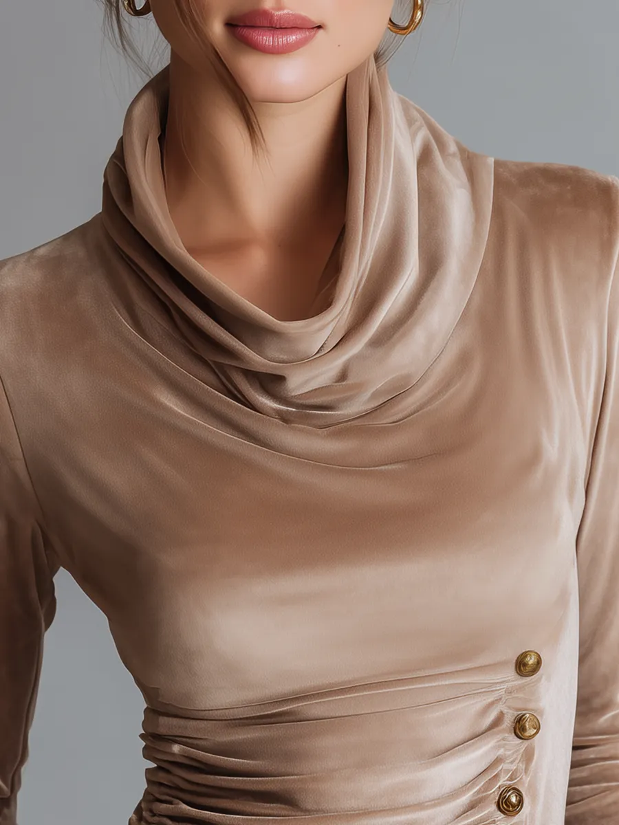 Retro Elegant Cowl Collar Pleated Velvet T-shirt sold by Oyrosy product image thumbnail 3