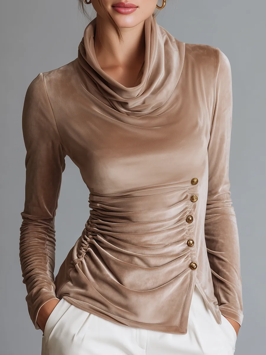 Retro Elegant Cowl Collar Pleated Velvet T-shirt sold by Oyrosy