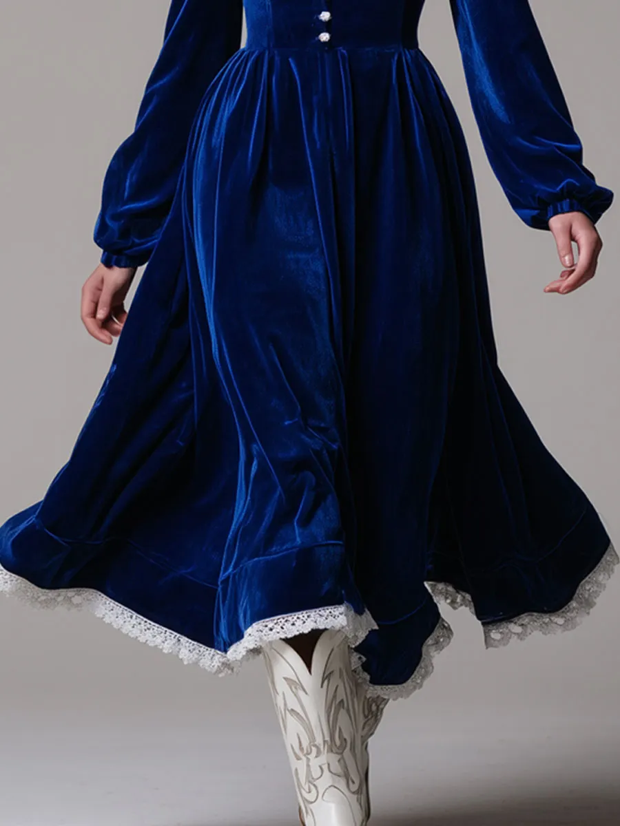 Fashionable Retro Lace-trimmed Royal Blue Velvet Long-sleeved Midi Dress sold by Oyrosy product image thumbnail 4