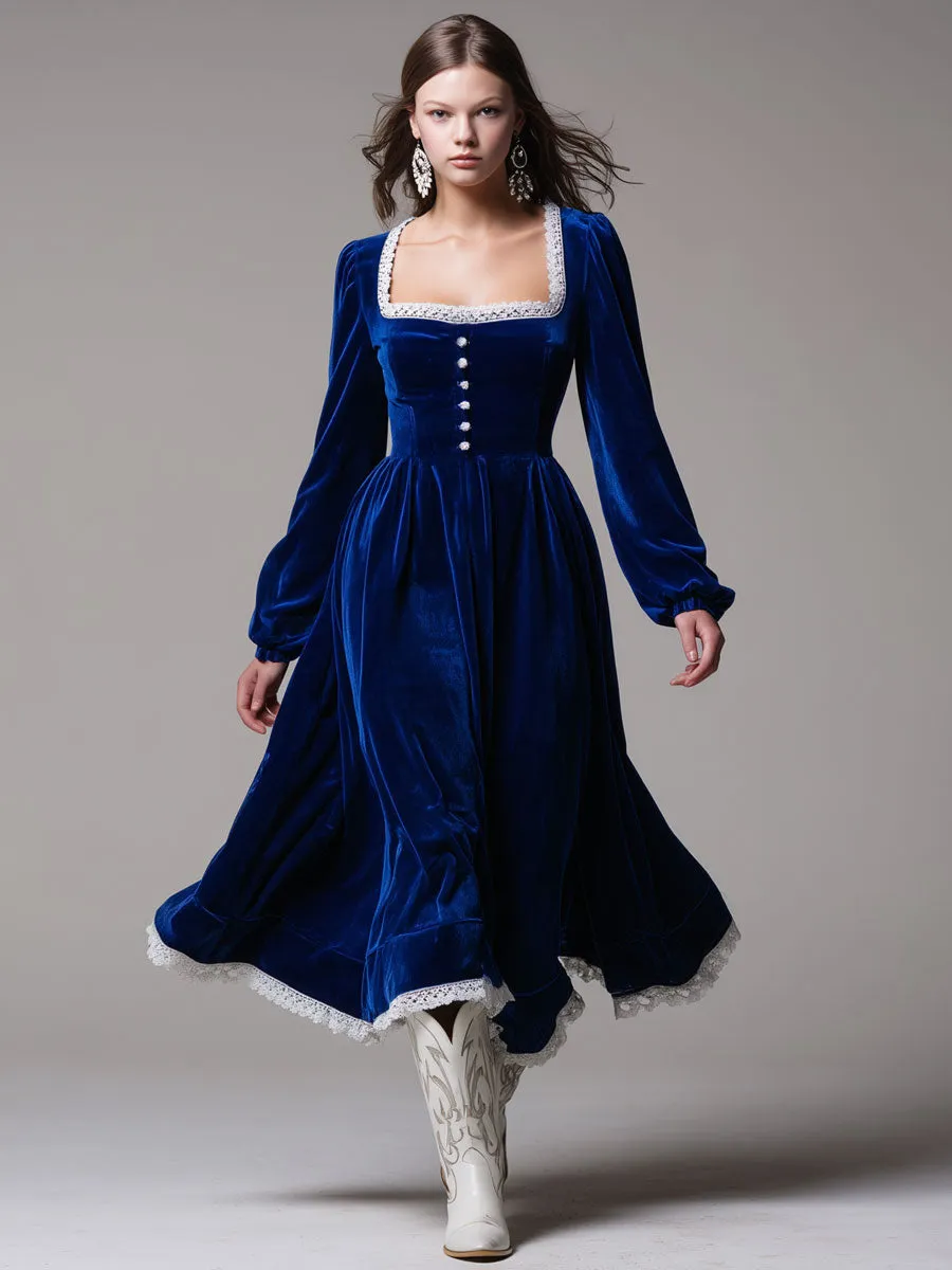 Fashionable Retro Lace-trimmed Royal Blue Velvet Long-sleeved Midi Dress sold by Oyrosy product image thumbnail 2
