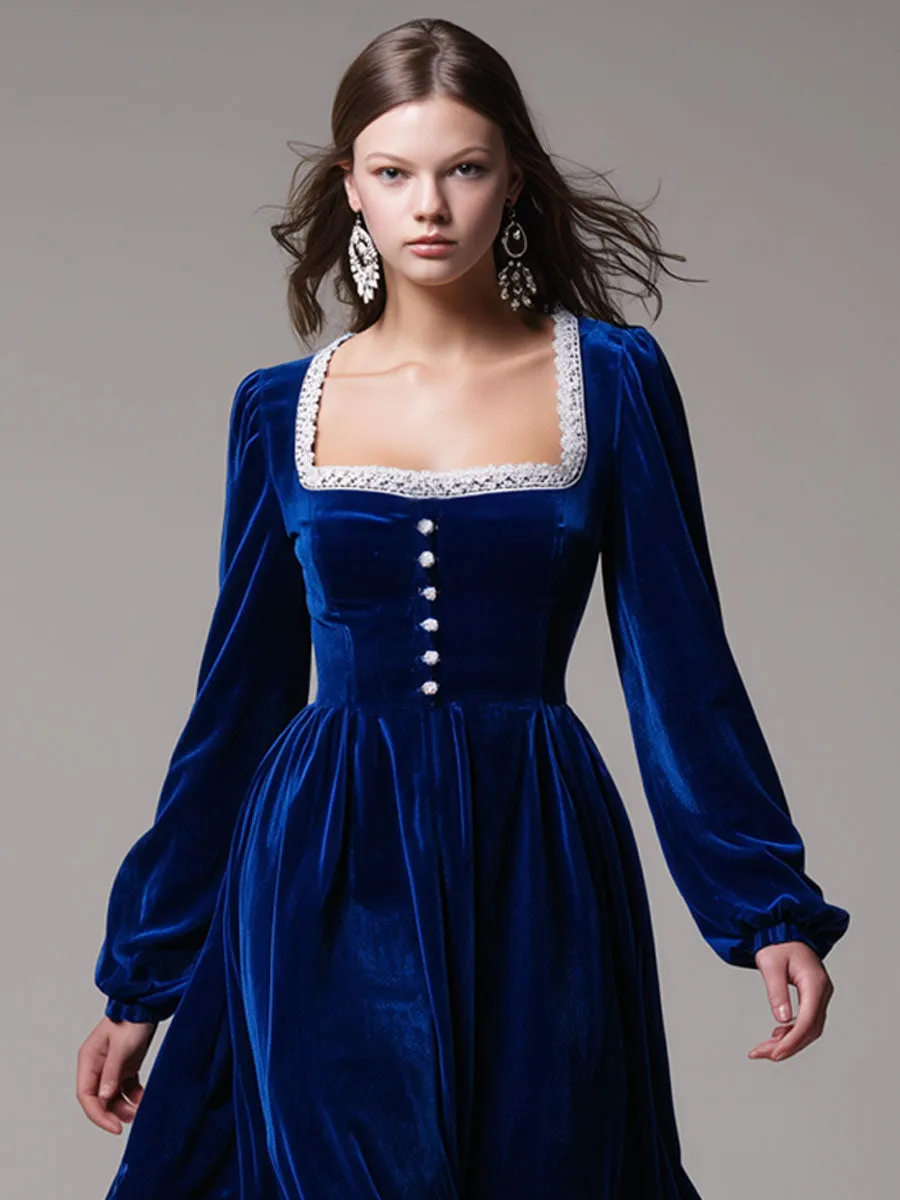 Fashionable Retro Lace-trimmed Royal Blue Velvet Long-sleeved Midi Dress sold by Oyrosy product image thumbnail 3
