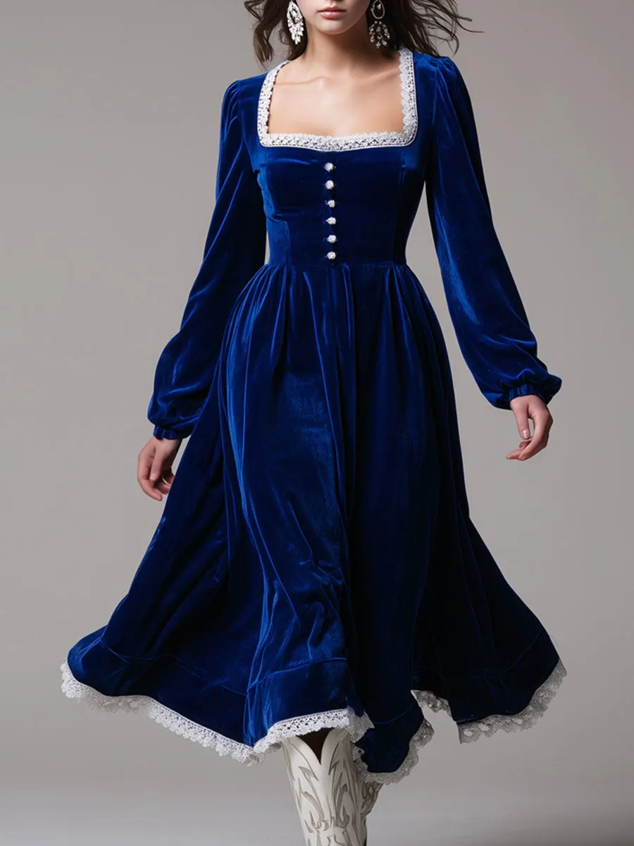 Fashionable Retro Lace-trimmed Royal Blue Velvet Long-sleeved Midi Dress sold by Oyrosy